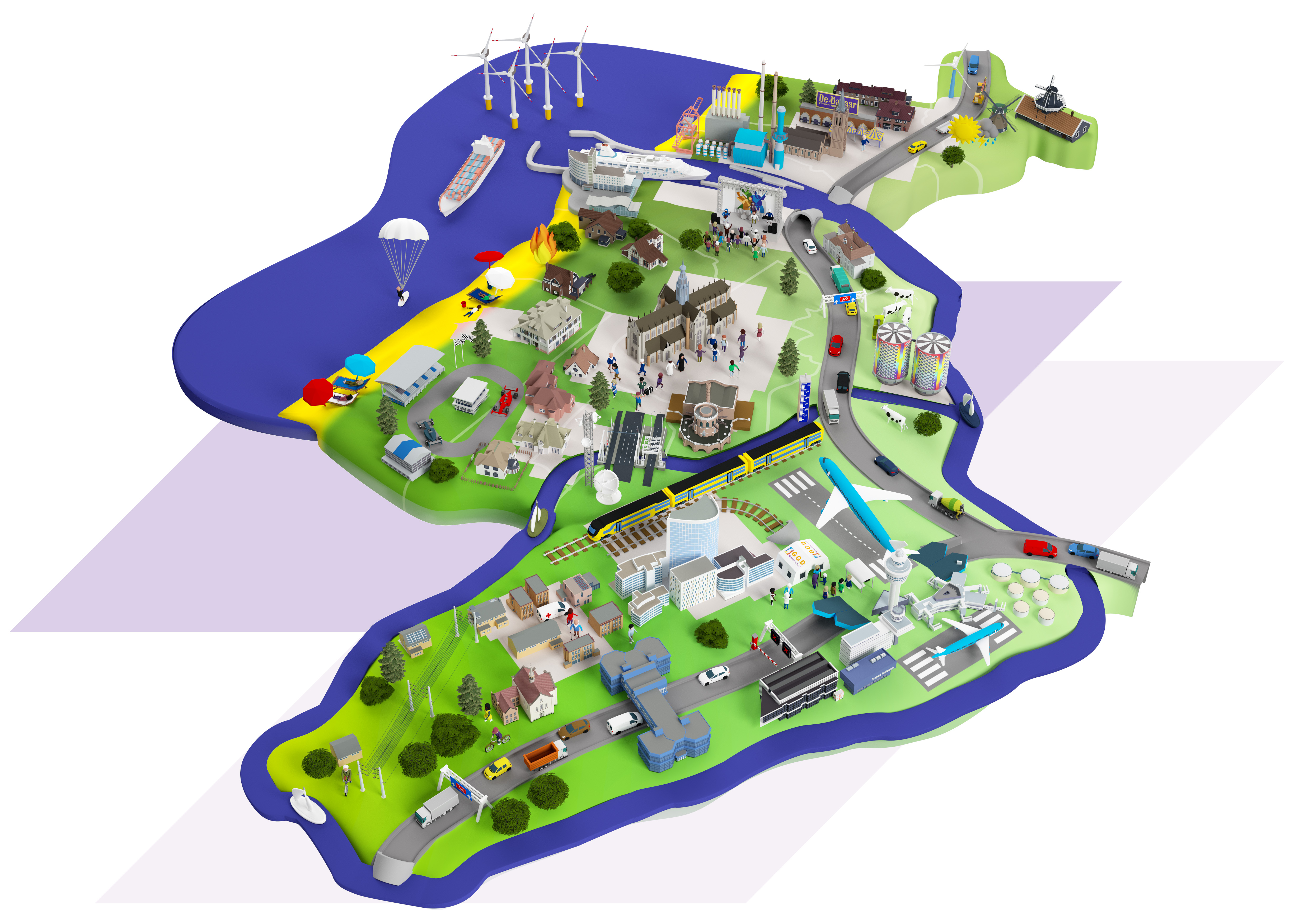 Regiokaart met illustraties voor de verschillende risico's